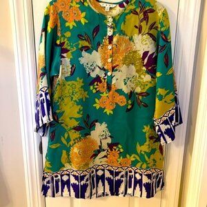 CAbi 100% Silk Floral Tunic in Green and Yellow with Draped Navy Sleeves Size XS